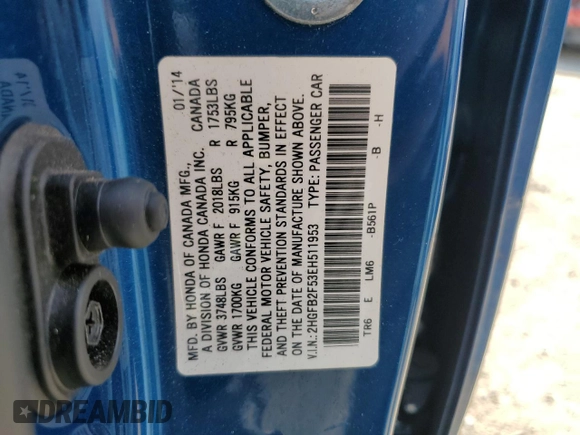 2014 Honda Civic LX with VIN 2HGFB2F53EH511953, listed as a Copart auction lot 52161865 with 102,871 mi miles and Salvage Title. Bid and sale history available at carsss.com. Image 13.