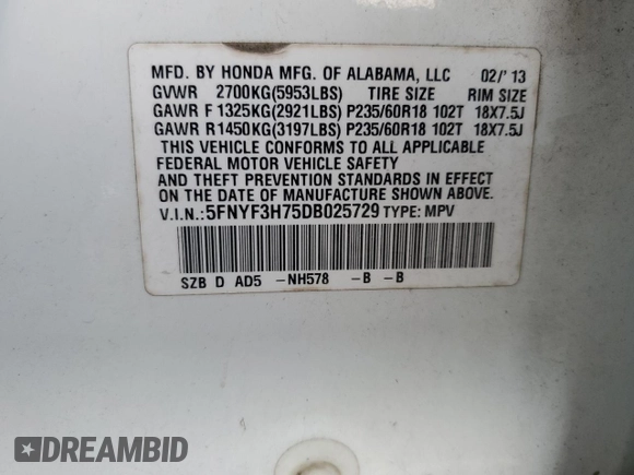 2013 Honda Pilot EX-L z VIN 5FNYF3H75DB025729, wystawiony jako Copart lot #56788345 z przebiegiem 177 448 mil mil oraz Szkoda całkowita • Salvage title. Historia ofert i sprzedaży dostępna na DreamBid. Obrazek 13.