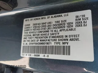 2021 Honda Pilot Special Edition with VIN 5FNYF6H26MB019671, listed as a IAAI auction lot 41551955 with 53,783 mi miles and . Bid and sale history available at DreamBid. Image 9.