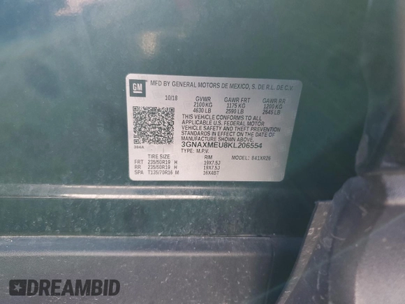 2019 Chevrolet Equinox LT with VIN 3GNAXMEU8KL206554, listed as a Copart auction lot 41468975 with 0 mi miles and Salvage Title. Bid and sale history available at carsss.com. Image 14.