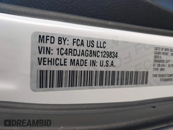 2022 Dodge Durango SXT with VIN 1C4RDJAG8NC129834, listed as a IAAI auction lot 41497961 with 58,270 mi miles and . Bid and sale history available at DreamBid. Image 9.