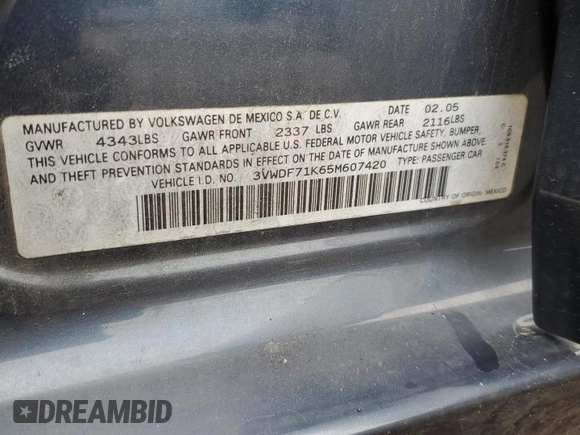2005 Volkswagen Jetta 2.5L с VIN 3VWDF71K65M607420, выставлен на аукционе Copart как лот 59906585 с пробегом 136 949 миль миль и Списание • Salvage title. История ставок и продаж доступна на DreamBid. Изображение 12.