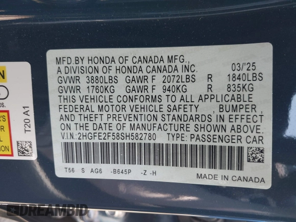 2025 Honda Civic Sport with VIN 2HGFE2F58SH582780, listed as a IAAI auction lot 42360120 with 1,562 mi miles and . Bid and sale history available at DreamBid. Image 9.
