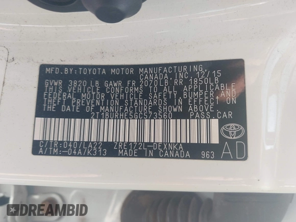 2016 Toyota Corolla L with VIN 2T1BURHE5GC573560, listed as a IAAI auction lot 41821930 with 125,989 mi miles and . Bid and sale history available at DreamBid. Image 9.