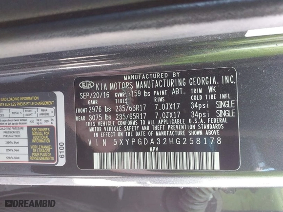 2017 Kia Sorento LX with VIN 5XYPGDA32HG258178, listed as a IAAI auction lot 41805367 with 103,895 mi miles. Bid and sale history available at carsss.com. Image 9.