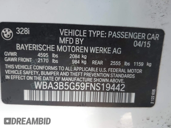 2015 BMW 3 Series 328i xDrive z VIN WBA3B5G59FNS19442, wystawiony jako IAAI lot #40711946 z przebiegiem 45 958 mil mil oraz . Historia ofert i sprzedaży dostępna na DreamBid. Obrazek 9.