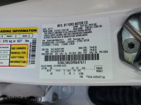 2017 Lincoln MKZ Hybrid Reserve with VIN 3LN6L5MU3HR647611, listed as a Copart auction lot 46527125 with Not provided miles and Salvage title. Bid and sale history available at DreamBid. Image 12.