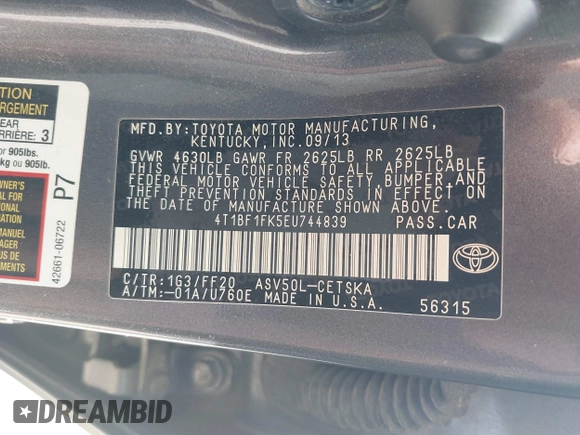 2014 Toyota Camry L with VIN 4T1BF1FK5EU744839, listed as a IAAI auction lot 42101173 with 255,137 mi miles. Bid and sale history available at carsss.com. Image 9.