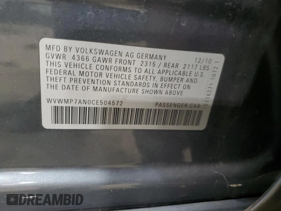 2012 Volkswagen CC Sport с VIN WVWMP7AN0CE504572, выставлен на аукционе Copart как лот 86817144 с пробегом 132 818 миль миль и Списание • Salvage title. История ставок и продаж доступна на DreamBid. Изображение 13.