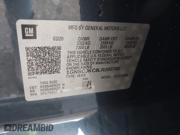 2020 Chevrolet Suburban Premier with VIN 1GNSCJKC8LR290783, listed as a IAAI auction lot 42636126 with 59,371 mi miles and . Bid and sale history available at DreamBid. Image 9.