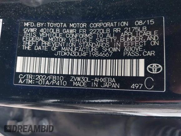 2015 Toyota Prius Four with VIN JTDKN3DU4F1984667, listed as a IAAI auction lot 41892557 with 192,908 mi miles. Bid and sale history available at carsss.com. Image 9.