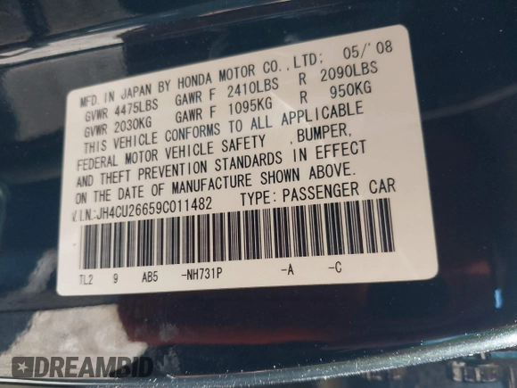 2009 Acura TSX with VIN JH4CU26659C011482, listed as a IAAI auction lot 42212079 with 243,119 mi miles. Bid and sale history available at carsss.com. Image 9.