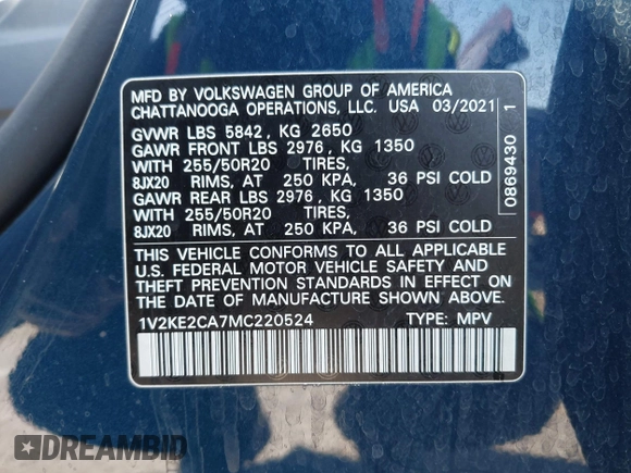 2021 Volkswagen Atlas SE z VIN 1V2KE2CA7MC220524, wystawiony jako IAAI lot #42017287 z przebiegiem 29 380 mil mil oraz . Historia ofert i sprzedaży dostępna na DreamBid. Obrazek 9.