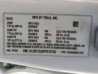 2023 Tesla Model 3 with VIN 5YJ3E1EA3PF572763, listed as a Copart auction lot 43846255 with 0 mi miles and Salvage Title. Bid and sale history available at carsss.com. Image 14.