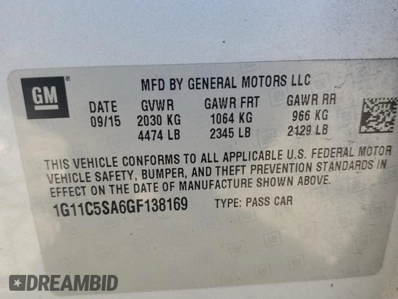 2016 Chevrolet Malibu LT with VIN 1G11C5SA6GF138169, listed as a Copart auction lot 49048505 with 207,302 mi miles and Non Repairable. Bid and sale history available at carsss.com. Image 12.