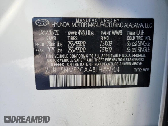 2020 Hyundai Santa Fe SEL with VIN 5NMS3CAA8LH299704, listed as a Copart auction lot 41842335 with 55,980 mi miles and Salvage Title. Bid and sale history available at carsss.com. Image 16.