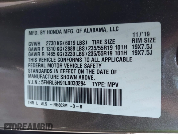 2020 Honda Odyssey Elite with VIN 5FNRL6H91LB030294, listed as a IAAI auction lot 41608291 with 74,477 mi miles and . Bid and sale history available at DreamBid. Image 9.