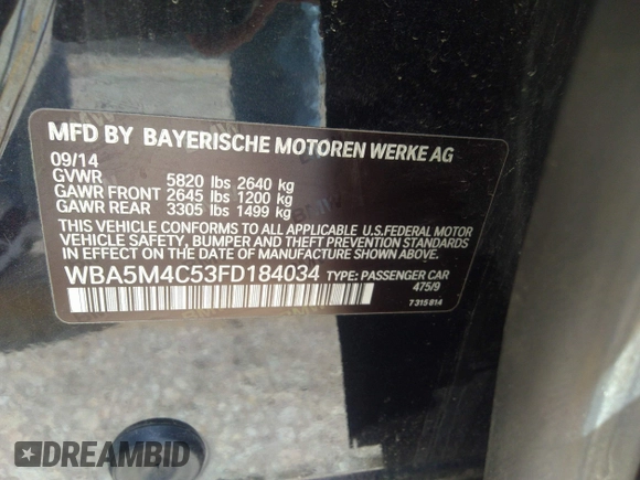 2015 BMW 5 Series 535i Gran Turismo xDrive with VIN WBA5M4C53FD184034, listed as a IAAI auction lot 34956880 with 86,657 mi miles and . Bid and sale history available at DreamBid. Image 9.