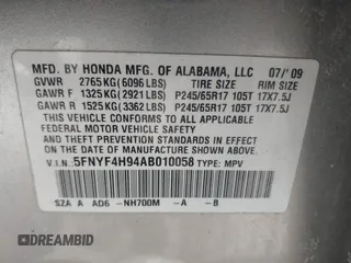 2010 Honda Pilot Touring z VIN 5FNYF4H94AB010058, wystawiony jako IAAI lot #42495313 z przebiegiem 157 306 mil mil oraz . Historia ofert i sprzedaży dostępna na DreamBid. Obrazek 9.
