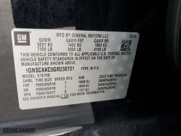 2016 Chevrolet Tahoe LS with VIN 1GNSCAKC9GR238701, listed as a Copart auction lot 88510385 with 212,612 mi miles and Salvage Title. Bid and sale history available at carsss.com. Image 15.