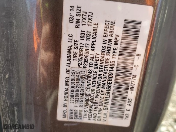 2014 Honda Odyssey EX-L with VIN 5FNRL5H66EB091465, listed as a Copart auction lot 52014445 with 105,595 mi miles and Clean Title. Bid and sale history available at carsss.com. Image 13.
