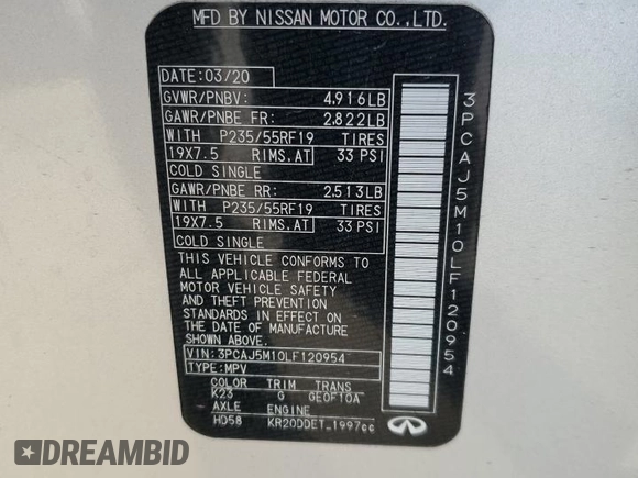 2020 Infiniti QX50 Luxe с VIN 3PCAJ5M10LF120954, выставлен на аукционе Copart как лот 52518695 с пробегом 44 803 миль миль и Списание • Salvage title. История ставок и продаж доступна на DreamBid. Изображение 14.