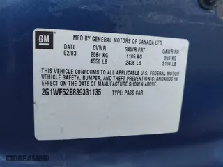2003 Chevrolet Impala with VIN 2G1WF52E839331135, listed as a IAAI auction lot 41775510 with 139,182 mi miles. Bid and sale history available at carsss.com. Image 9.