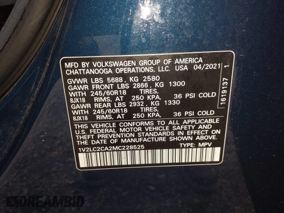 2021 Volkswagen Atlas SE with VIN 1V2LC2CA2MC228525, listed as a IAAI auction lot 42127917 with 74,707 mi miles and . Bid and sale history available at DreamBid. Image 9.