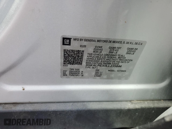 2020 GMC Terrain SLT with VIN 3GKALPEX0LL235844, listed as a Copart auction lot 54317955 with 84,323 mi miles and Salvage title. Bid and sale history available at DreamBid. Image 13.
