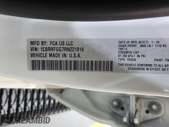 2024 Ram 1500 Tradesman с VIN 1C6RRFGG7RN221914, выставлен на аукционе IAAI как лот 42849294 с пробегом 66 миль миль и . История ставок и продаж доступна на DreamBid. Изображение 19.