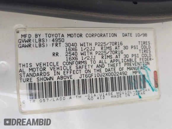 1999 Lexus RX 300 with VIN JT6GF10U2X0022492, listed as a IAAI auction lot 42170267 with 155,038 mi miles and . Bid and sale history available at DreamBid. Image 9.