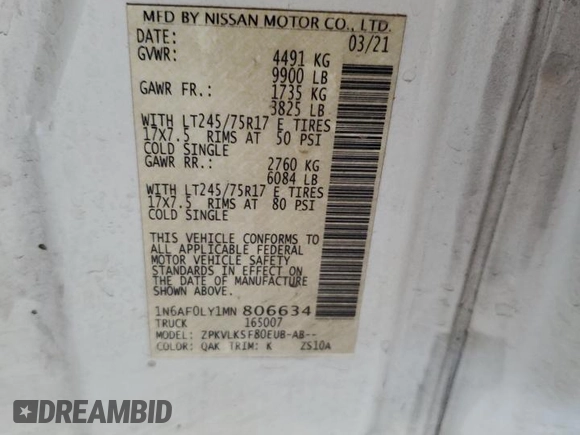 2021 Nissan NV SV with VIN 1N6AF0LY1MN806634, listed as a Copart auction lot 68228664 with 181,076 mi miles and Salvage Title. Bid and sale history available at carsss.com. Image 12.