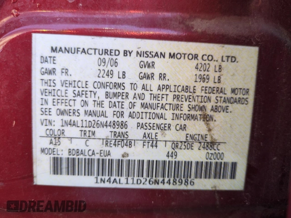 2006 Nissan Altima 2.5 with VIN 1N4AL11D26N448986, listed as a Copart auction lot 50023285 with 147,830 mi miles and Salvage Title. Bid and sale history available at carsss.com. Image 12.