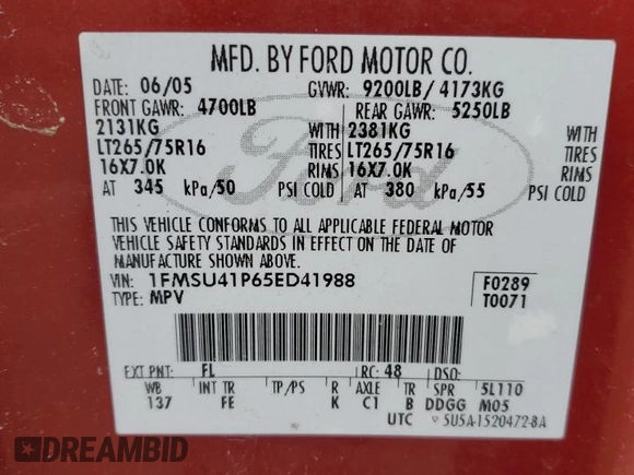 2005 Ford Excursion Special Serv z VIN 1FMSU41P65ED41988, wystawiony jako Copart lot #85659974 z przebiegiem Nie podano mil oraz Czysty tytuł • Clean title. Historia ofert i sprzedaży dostępna na DreamBid. Obrazek 16.