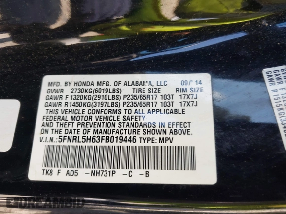 2015 Honda Odyssey EX-L z VIN 5FNRL5H63FB019446, wystawiony jako IAAI lot #42566992 z przebiegiem 243 248 mil mil oraz . Historia ofert i sprzedaży dostępna na DreamBid. Obrazek 9.