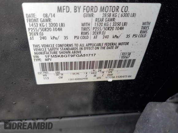 2015 Ford Explorer Sport с VIN 1FM5K8GT9FGA51717, выставлен на аукционе Copart как лот 59175035 с пробегом 113 441 миль миль и На запчасти • Non repairable. История ставок и продаж доступна на DreamBid. Изображение 13.