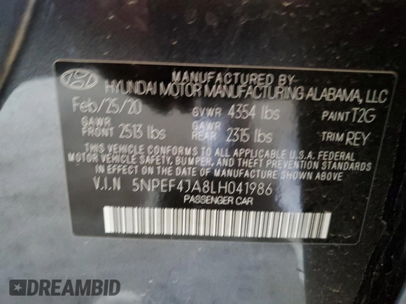 2020 Hyundai Sonata SEL z VIN 5NPEF4JA8LH041986, wystawiony jako Copart lot #54867415 z przebiegiem 46 872 mil mil oraz Szkoda całkowita • Salvage title. Historia ofert i sprzedaży dostępna na DreamBid. Obrazek 12.