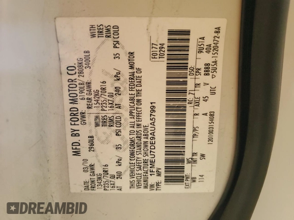 2010 Ford Explorer XLT with VIN 1FMEU7DE9AUA57991, listed as a Copart auction lot 57823435 with Not provided miles and Salvage title. Bid and sale history available at DreamBid. Image 13.