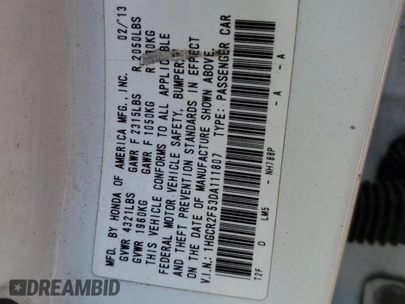 2013 Honda Accord Sport with VIN 1HGCR2F53DA111807, listed as a Copart auction lot 53685675 with 179,929 mi miles and Salvage Title. Bid and sale history available at DreamBid. Image 12.