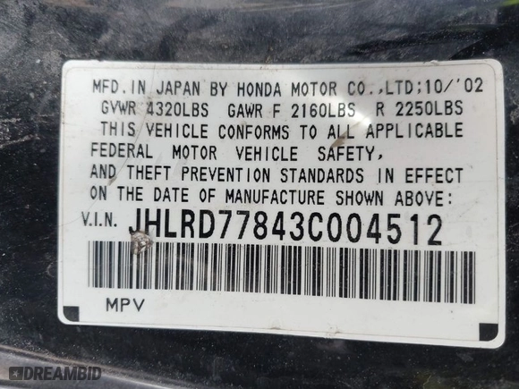2003 Honda CR-V EX with VIN JHLRD77843C004512, listed as a IAAI auction lot 41826252 with 1 mi miles. Bid and sale history available at carsss.com. Image 9.