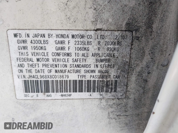 2008 Acura TSX with VIN JH4CL968X8C018679, listed as a IAAI auction lot 42075569 with 151,377 mi miles and . Bid and sale history available at DreamBid. Image 9.