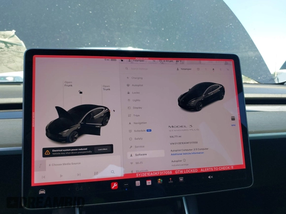 2019 Tesla Model 3 Mid Range with VIN 5YJ3E1EA0KF317058, listed as a IAAI auction lot 42025195 with 108,771 mi miles. Bid and sale history available at carsss.com. Image 7.