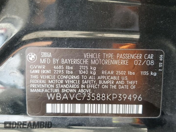 2008 BMW 3 Series 328xi with VIN WBAVC73588KP39496, listed as a Copart auction lot 62034915 with 128,368 mi miles and Salvage title. Bid and sale history available at DreamBid. Image 12.