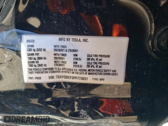 2023 Tesla Model Y Performance with VIN 7SAYGDEF3PF773031, listed as a Copart auction lot 47105765 with 25,604 mi miles and Salvage Title. Bid and sale history available at DreamBid. Image 13.