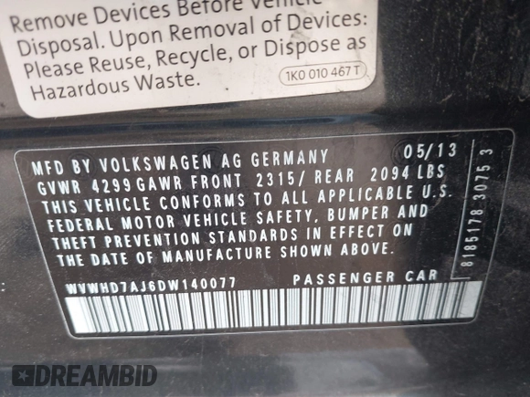 2013 Volkswagen GTI Autobahn с VIN WVWHD7AJ6DW140077, выставлен на аукционе IAAI как лот 42013044 с пробегом 96 795 миль миль и . История ставок и продаж доступна на DreamBid. Изображение 9.