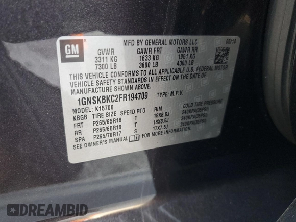 2015 Chevrolet Tahoe LT z VIN 1GNSKBKC2FR194709, wystawiony jako Copart lot #51937995 z przebiegiem 171 416 mil mil oraz Szkoda całkowita • Salvage title. Historia ofert i sprzedaży dostępna na DreamBid. Obrazek 13.