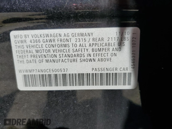 2012 Volkswagen CC Sport with VIN WVWMP7AN0CE500537, listed as a Copart auction lot 72147194 with Not Provided miles and Clean Title. Bid and sale history available at DreamBid. Image 12.
