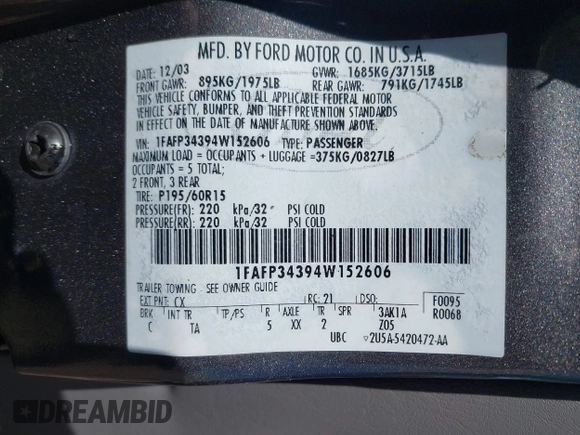 2004 Ford Focus SE with VIN 1FAFP34394W152606, listed as a IAAI auction lot 41833454 with 287,290 mi miles and . Bid and sale history available at DreamBid. Image 9.