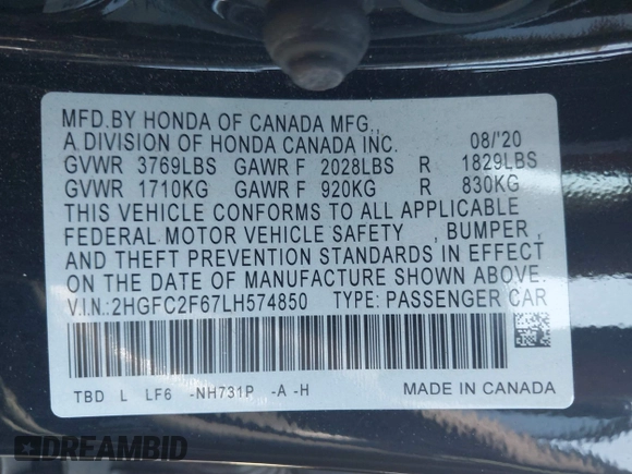 2020 Honda Civic LX with VIN 2HGFC2F67LH574850, listed as a IAAI auction lot 40429352 with 41,063 mi miles and . Bid and sale history available at DreamBid. Image 9.