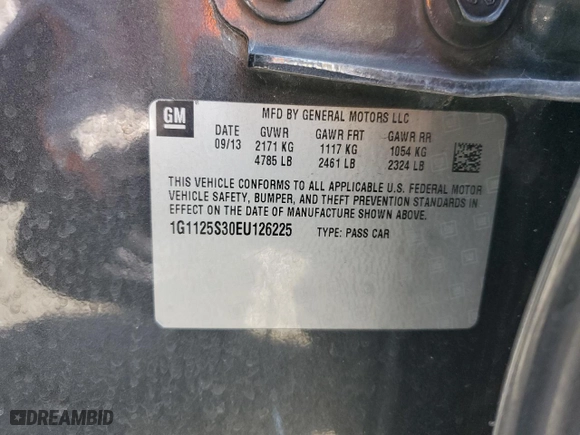 2014 Chevrolet Impala LT with VIN 1G1125S30EU126225, listed as a Copart auction lot 58698944 with 191,143 mi miles and Salvage Title. Bid and sale history available at carsss.com. Image 12.